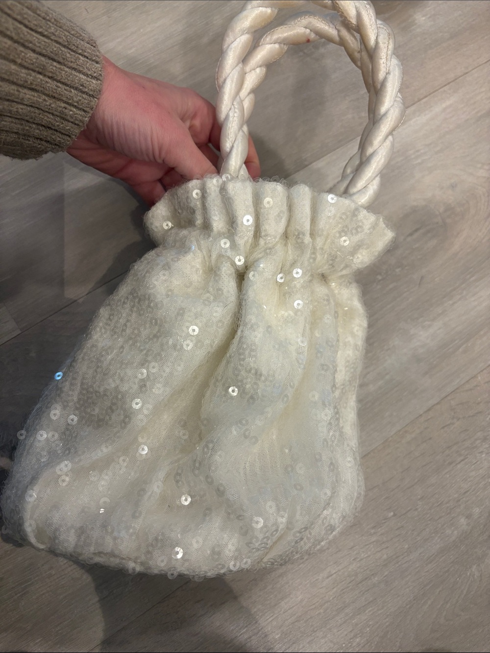 STAUD Ivory Sequin Drawstring Mini Bag with Braided Handles